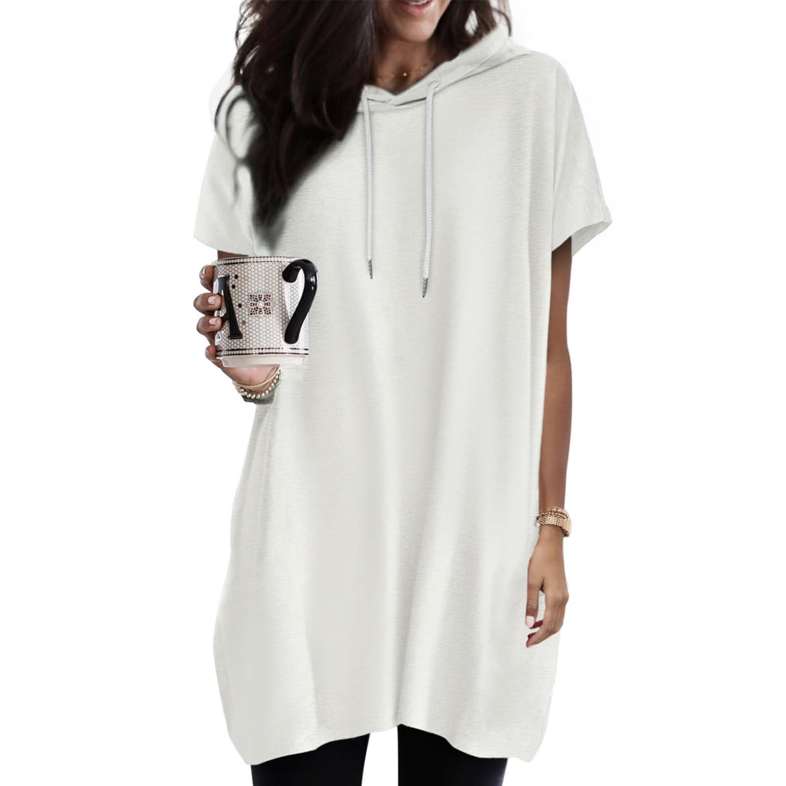 Short Sleeve Shirts for Women Loose Pullover Hoodies Casual T-Shirts Going Out Drawstring Tops (S, White)