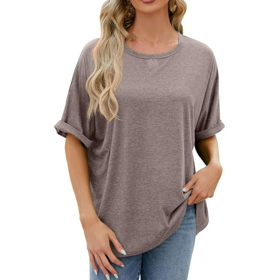Jewelreauty Short Sleeve Tshirts Women Casual Solid Color Round Neck Pullover Tops Loose Lightweight Shirts (M, Coffee)