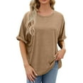 thumbnail image 1 of Jewelreauty Short Sleeve Tshirts Women Casual Solid Color Round Neck Pullover Tops Loose Lightweight Shirts (M, Khaki), 1 of 7
