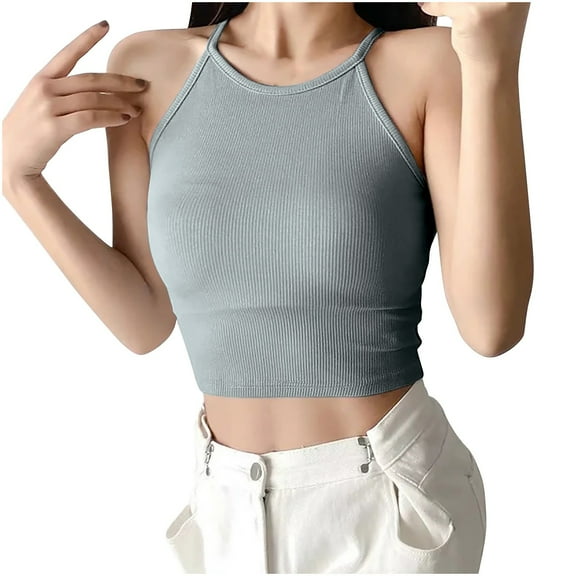 Jewelreauty Spaghetti Strap Tank Top Women Cotton Sleeveless Slim Fit Crop Tops Summer Casual Ribbed Shirts (S, Gray)