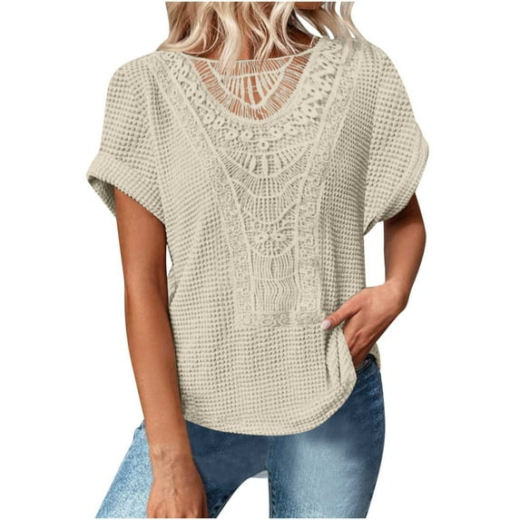 Jewelreauty Summer Lace Round Neck Shirts Women Solid Color Short Sleeve T-Shirts Casual Patchwork Loose Tops (2XL, White)