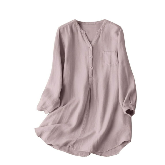 Jewelreauty Summer Oversized Long Sleeve Shirts Women Button V Neck Cotton Linen Tops Casual Loose Blouses with Pocket (4XL, Pink)