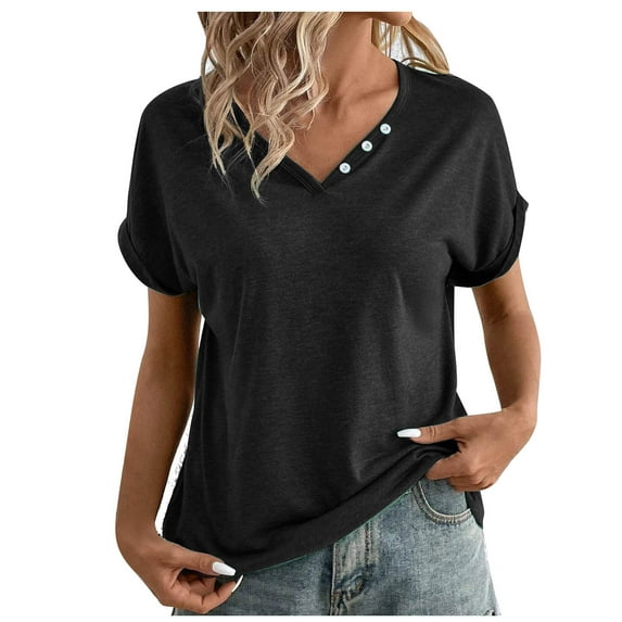 Jewelreauty Summer Shirts Women V Neck Short Sleeve Casual Going Out T-Shirts Pullover Solid Loose Tee Blouses (S, Black)