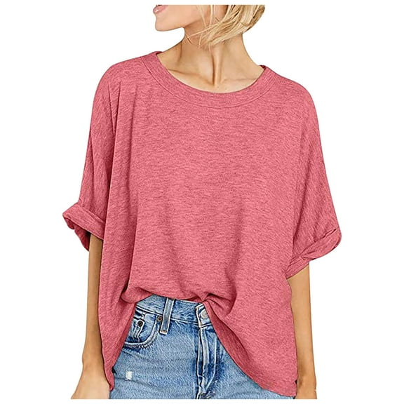 Jewelreauty Summer Short Sleeve Shirts Women Casual Loose Round Neck Solid Tops Pullover Lightweight T-Shirts (2XL, Red)