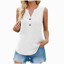 Jewelreauty Summer Tank Tops for Women Button V Neck Casual Sleeveless Tunic Tees Loose Fit Outdoor Shirts (S, White)