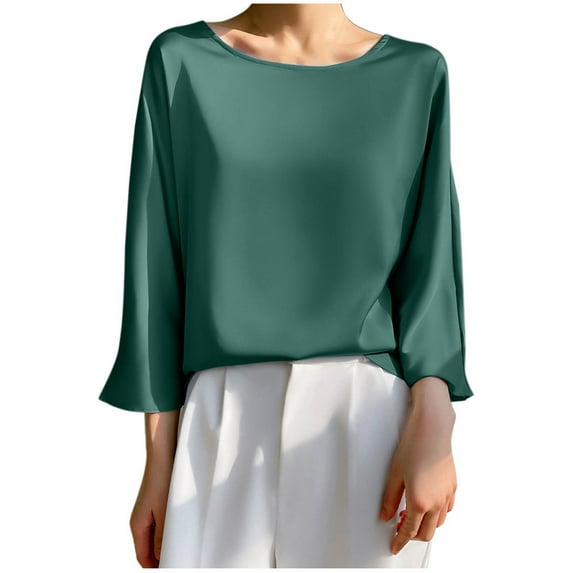 Jewelreauty Summer Women 3/4 Sleeve Round Neck Shirts Loose Casual Solid Color T-Shirts Going Out Pullover Tops (2XL, Green)