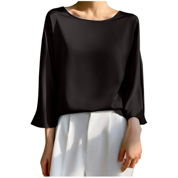 Jewelreauty Summer Women 3/4 Sleeve Round Neck Shirts Loose Casual Solid Color T-Shirts Going Out Pullover Tops (M, Black)