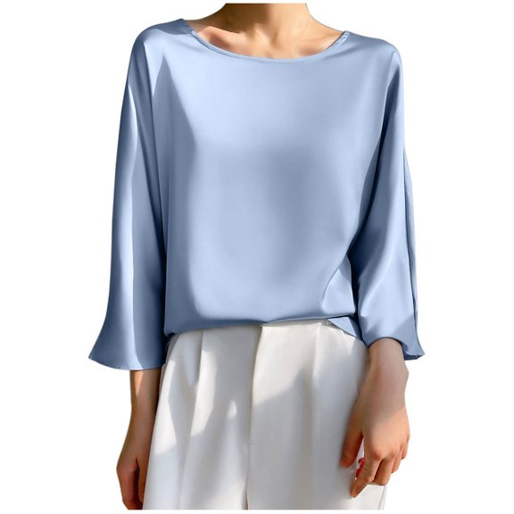 Jewelreauty Summer Women 3/4 Sleeve Round Neck Shirts Loose Casual Solid Color T-Shirts Going Out Pullover Tops (M, Light Blue)