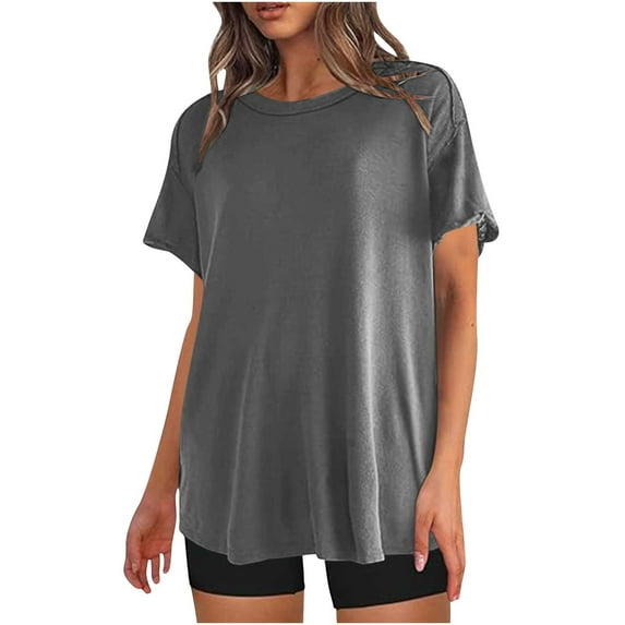Jewelreauty Summer Women Oversized Crewneck Pullover Tops Casual Short Sleeve T-Shirts Loose Going Out Blouses (L, Gray)