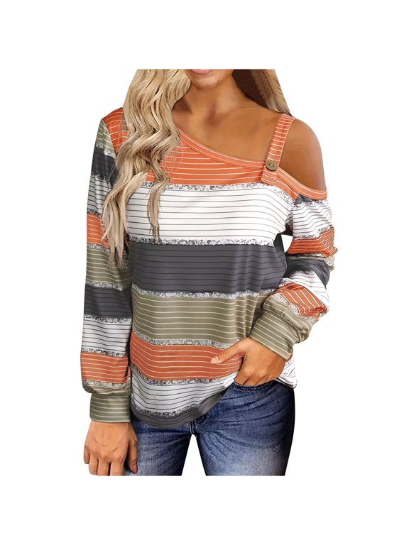 Summer Womens One Shoulder Shirts Long Sleeve Patchwork Striped Tops Loose Casual Pullover Blouses (S, Orange)