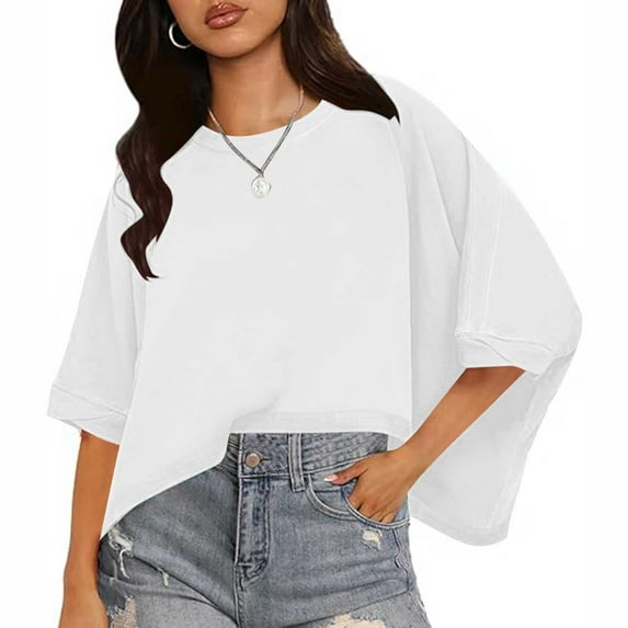 Jewelreauty Summer Womens Oversized Crewneck Shirts Batwing Short Sleeve Loose Tops Casual Solid Pullover Tee (2XL, White)