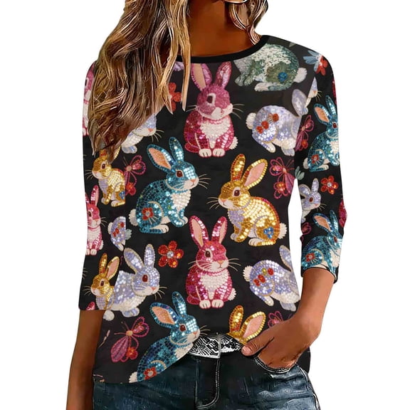 Jewelreauty T-Shirts for Women Graphic Tee Shirt Easter Holiday Tops Crew Neck 3/4 Sleeve Cute Tshirts Plus Size (3XL, Black 03)