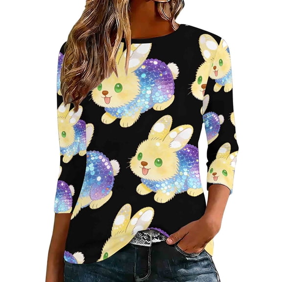 Jewelreauty T-Shirts for Women Graphic Tee Shirt Easter Holiday Tops Crew Neck 3/4 Sleeve Cute Tshirts Plus Size (L, Black 01)