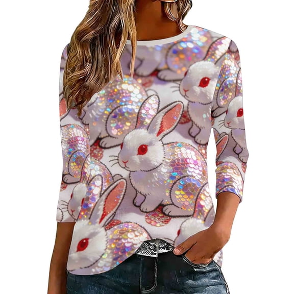 Jewelreauty T-Shirts for Women Graphic Tee Shirt Easter Holiday Tops Crew Neck 3/4 Sleeve Cute Tshirts Plus Size (M, Pink)
