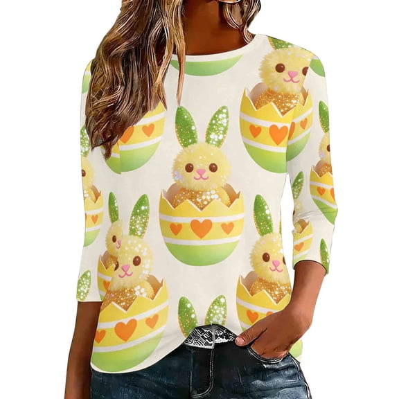 Jewelreauty T-Shirts for Women Graphic Tee Shirt Easter Holiday Tops Crew Neck 3/4 Sleeve Cute Tshirts Plus Size (S, Yellow 02)