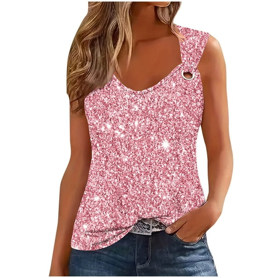 Jewelreauty Tank Tops for Women 2025 Casual Sleeveless Sparkly Printed Shirts Summer Loose Going Out Tops (L, Pink)