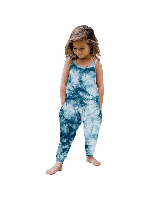 Toddler Baby Girl One Piece Jumpsuit Sleeveless Strap Tie Dye Rompers Summer Outfits with Pockets (4-5 Years, Blue-D)
