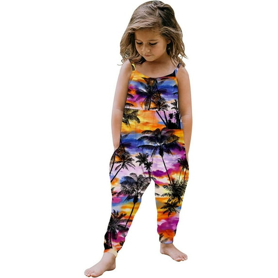 Jewelreauty Toddler Baby Girls One Piece Jumpsuits Sleeveless Strap Hawaiian Rompers Summer Outfits with Pockets (4-5 Years, Purple)