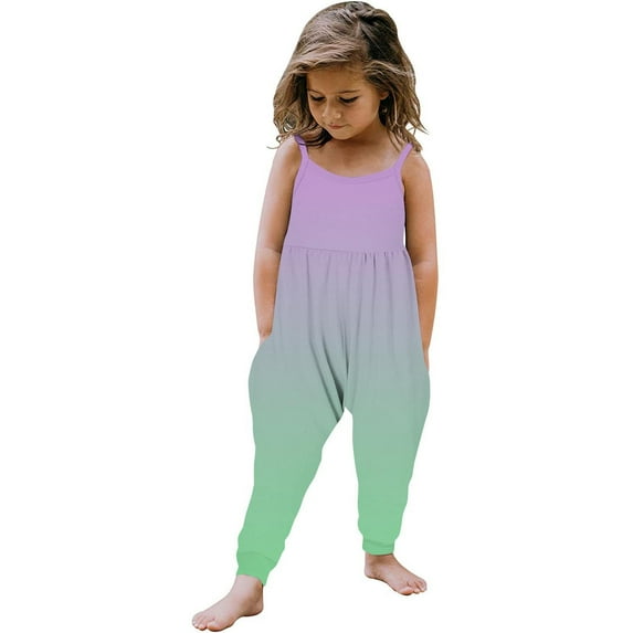 Jewelreauty Toddler Girl Cute One Piece Jumpsuits Sleeveless Strap Gradient Rompers Summer Outfits with Pockets (1-2 Years, Purple/Light Green)