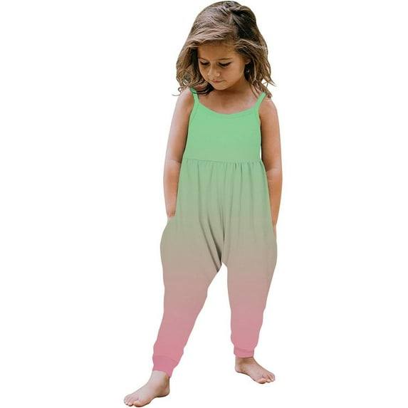 Jewelreauty Toddler Girl Cute One Piece Jumpsuits Sleeveless Strap Gradient Rompers Summer Outfits with Pockets (4-5 Years, Light Green/Pink)