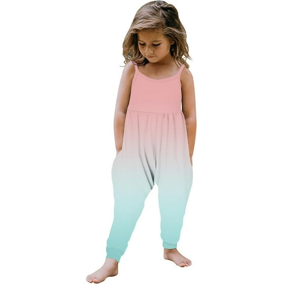 Jewelreauty Toddler Girl Cute One Piece Jumpsuits Sleeveless Strap Gradient Rompers Summer Outfits with Pockets (4-5 Years, Pink/Light Blue)