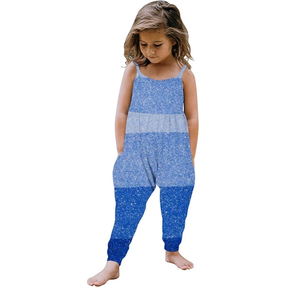 Jewelreauty Toddler Girl One Piece Jumpsuits Sleeveless Strap Patchwork Rompers Summer Outfits with Pockets (3-4 Years, A Blue)