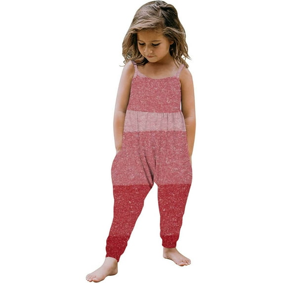 Jewelreauty Toddler Girl One Piece Jumpsuits Sleeveless Strap Patchwork Rompers Summer Outfits with Pockets (4-5 Years, A Watermelon Red)