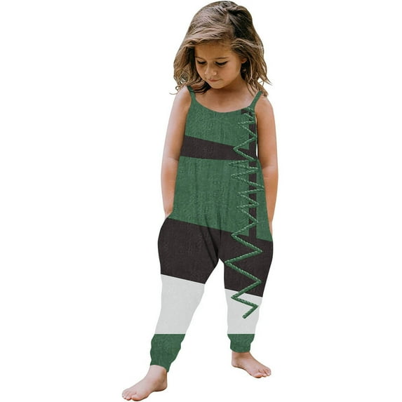 Jewelreauty Toddler Girl One Piece Jumpsuits Sleeveless Strap Patchwork Rompers Summer Outfits with Pockets (4-5 Years, C Green)
