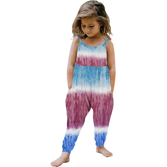 Jewelreauty Toddler Girl One Piece Jumpsuits Sleeveless Strap Patchwork Rompers Summer Outfits with Pockets (5-6 Years, B Blue)