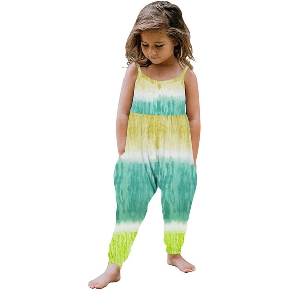 Jewelreauty Toddler Girl One Piece Jumpsuits Sleeveless Strap Patchwork Rompers Summer Outfits with Pockets (5-6 Years, B Yellow)