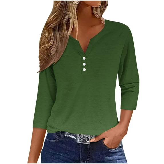 Jewelreauty Tunic Tops for Women Elbow Length Notch Neck Casual Button Blouses Summer Casual Tees