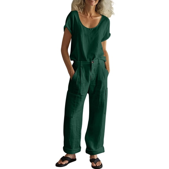 Jewelreauty Two Piece Linen Outfits for Women Wide Leg Cargo Pants Set with Short Sleeve Tops Summer Clothes (S, Green)