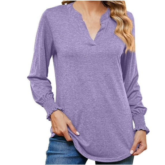 Jewelreauty V Neck Shirts for Women Long Sleeve Ruffle Cuff Loose Cozy Tops Ladies Casual Solid Color Dailywear Blouses (M, Purple)