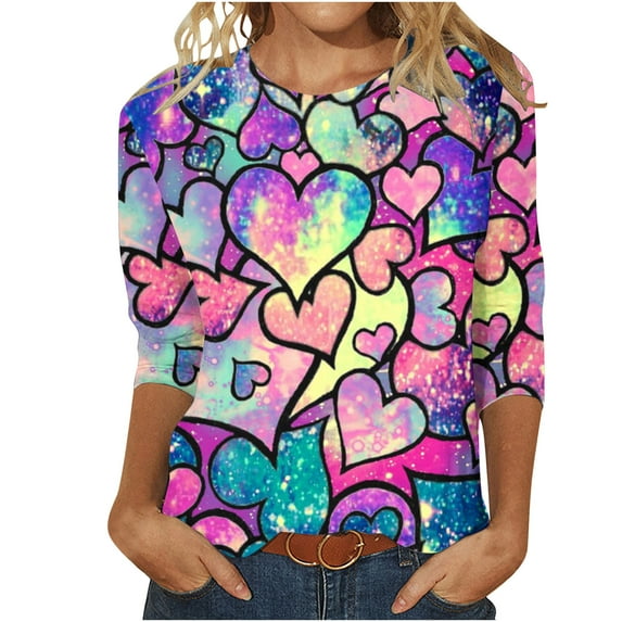 Jewelreauty Valentine's Day Crewneck Shirt Women 3/4 Sleeve Fashion Cute Graphic Tops Pullover Print T-Shirts (3XL, Purple-B)