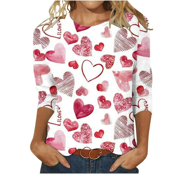 Jewelreauty Valentine's Day Crewneck Shirt Women 3/4 Sleeve Fashion Cute Graphic Tops Pullover Print T-Shirts (M, White-A)