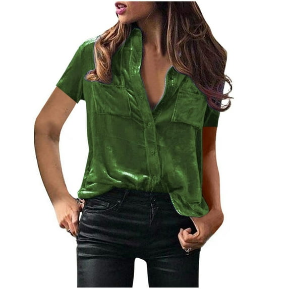 Jewelreauty Velvet Button Down Shirts for Women Short Sleeve Solid Color Cozy Blouses with Pockets Casual Tee Tops (M, Mint Green)