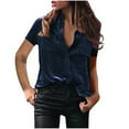 thumbnail image 1 of Jewelreauty Velvet Button Up Shirts for Women Short Sleeve Solid Color Cozy Blouses with Pockets Casual Tee Tops (XL, Navy), 1 of 3