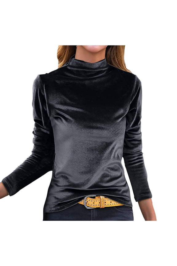 Velvet Long Sleeve Shirts for Women Plus Size Mock Turtleneck Tunic Tops Casual Slim Fit Blouses (3XL, Black)