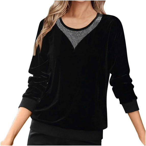 Jewelreauty Velvet Short Sleeve Shirts for Women Plus Size Loose Crew Neck Tops Casual Patchwork Cozy Blouses (M, Black)