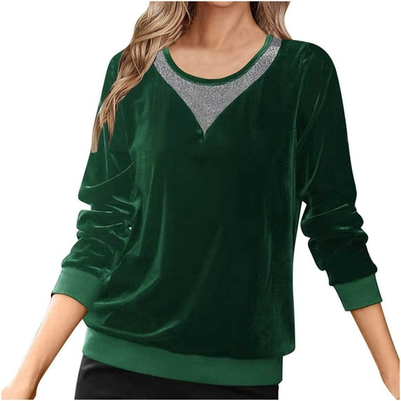Jewelreauty Velvet Short Sleeve Shirts for Women Plus Size Loose Crew Neck Tops Casual Patchwork Cozy Blouses (M, Green)