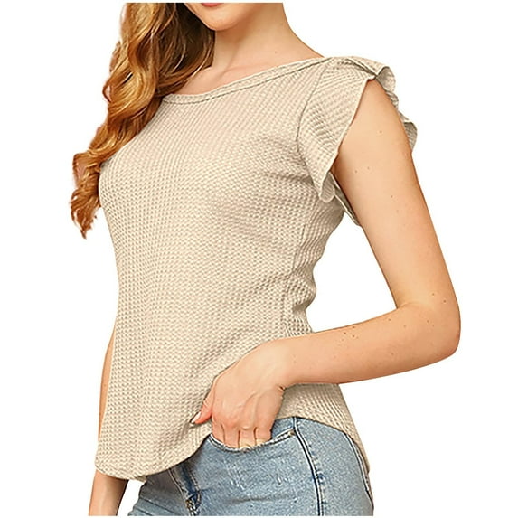 Jewelreauty Waffle Shirts Women Ruffle Cap Sleeve Round Neck Casual Pullover Tops Solid Color Loose Blouses (L, Beige)