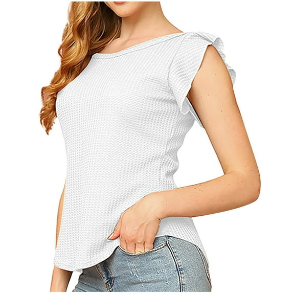 Jewelreauty Waffle Shirts Women Ruffle Cap Sleeve Round Neck Casual Pullover Tops Solid Color Loose Blouses (S, White)