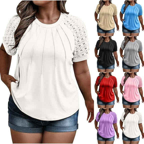 Jewelreauty White Plus Size Tops for Women Summer Lace Short Sleeve Crew Neck Casual T-Shirts Loose Tunic Blouses
