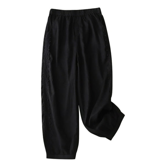 Jewelreauty Wide Leg Pants for Women Plus Size Casual Elastic Waist Cotton Linen Lace Pants with Pockets