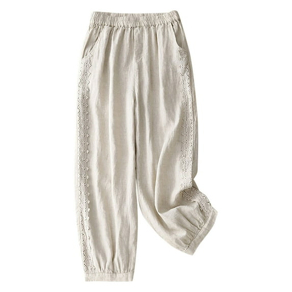 Jewelreauty Wide Leg Pants for Women Plus Size Casual Elastic Waist Cotton Linen Lace Pants with Pockets