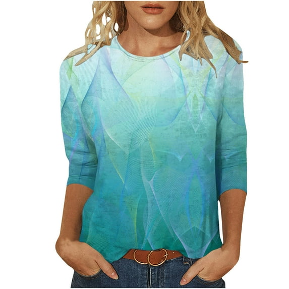 Jewelreauty Women Casual 3/4 Sleeve Shirts Plus Size Crewneck Graphic Tunic Tops Summer Loose Fit Basic Tees (2XL, Light Blue)