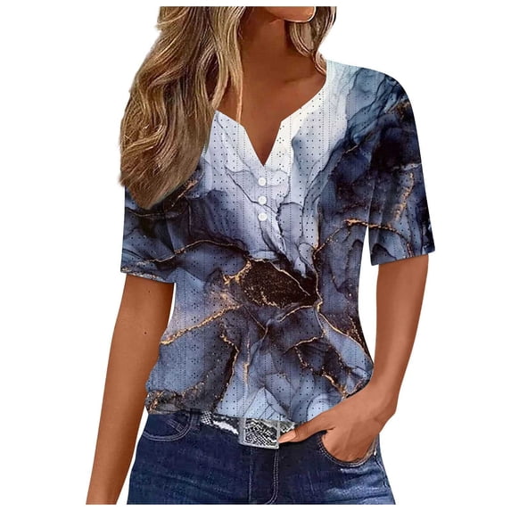 Jewelreauty Women Casual Eyelet T Shirts Summer V Neck Button Short Sleeve Tops Basic Tunic Tee Blouses (L, Black)