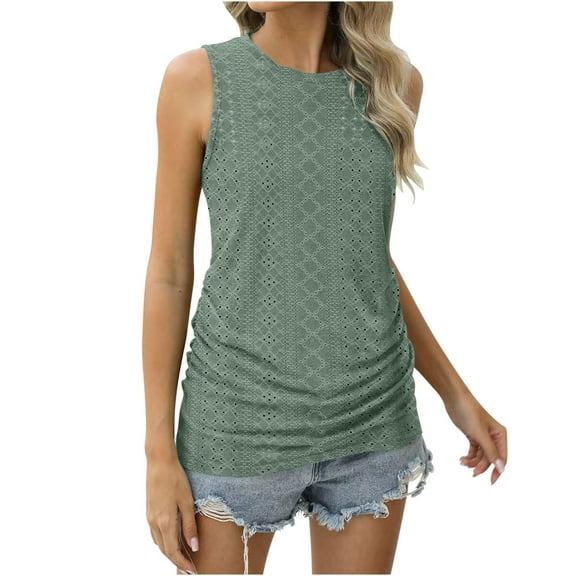 Jewelreauty Women Casual Eyelet Tank Tops Summer High Neck Sleeveless Tunic Tees Solid Loose Blouses Shirt (M, Army Green)