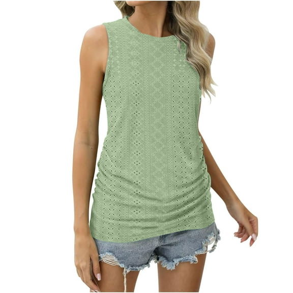 Jewelreauty Women Casual Eyelet Tank Tops Summer High Neck Sleeveless Tunic Tees Solid Loose Blouses Shirt (XL, Mint Green)