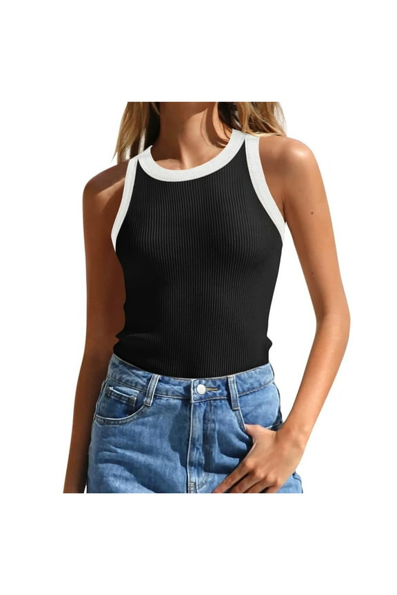 Women Casual High Neck Tank Tops Summer Sleeveless Ribbed Tunic Tees Basic Knit Blouse Shirt (L, Black)